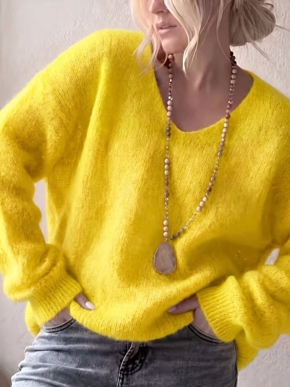 Yellow Casual Women's Fuzzy Loose Round Neck Raglan Pullover